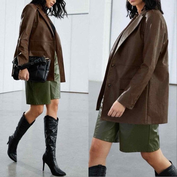 OVERSIZED  FAUX LEATHER BLAZER IN BROWN - Picture 7 of 11